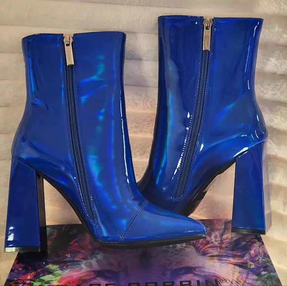 CAPE ROBBIN Blue Hayward Blue Patent Chunky Heel Boots - Picture 6 of 10